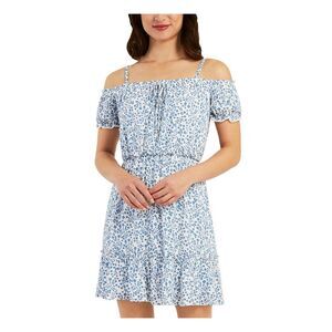 BCX Womens White Adjustable Lined Tie Crochet Trim Pullover Pouf Sleeve Dress S